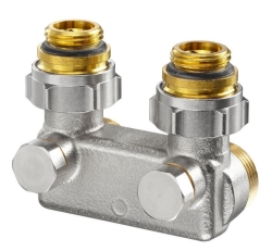 Bild von OVENTROP Umlenkstück mit Absperrung G ½ AG x G ¾ AG, Ms, vernickelt, Winkelform, 50 mm, Art.Nr. : 1016463