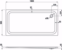 Bild von Laufen PLATINA - Duschwanne, rechteckig, Stahl emailliert (3,5 mm), flach (45 mm), 000 weiss, mit Schallschutz, 1800 x 900 x 45, Art.Nr. : H2150370000411