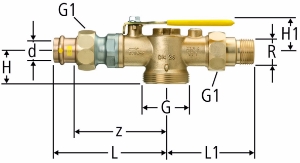 Bild von Nussbaum 89027 Gaszähler-Kugelhahn gerade Ausführung mit Optipress-Gaz-Anschlussverschraubung und Anschlussverschraubung mit Aussengewinde, Grösse: 28 / 1, Art.Nr. 89027.24