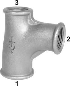 Bild von +GF+ 131 Bogen-T-Stück, Abzweig u. Durchgang egal od. reduziert, ISO/EN E1, Dim. (1-2-3): 1" ‑ 3/4" ‑ 3/4", Art.Nr.: 770131120
