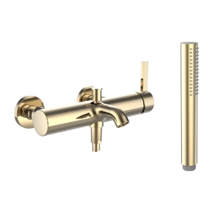 Bild von LAUFEN - KARTELL LAUFEN - Bademischer, Anschlussdistanz 153 mm, Ausladung 170 mm, mit Verschraubungen, mit Kunststoffschlauch 1800 mm, mit Handbrause TwinStick, PVD Gold, Art.Nr. :H3213370011421