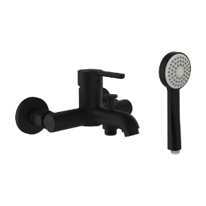 Bild von LAUFEN - LUA - Bademischer, Anschlussdistanz 153 mm, Ausladung 186 mm, mit Verschraubungen, mit Kunststoffschlauch 1600 mm, mit Handbrause Stella 80 1F, PVD Titanschwarz matt, Art.Nr. :H3210810811321