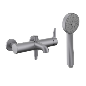 Bild von LAUFEN - PURE - Bademischer, Anschlussdistanz 153 mm, Ausladung 175 mm, mit Verschraubungen, mit Kunststoffschlauch 1600 mm, mit Handbrause MyTwin100/Stella, PVD inox look, Art.Nr. :HF901760423000