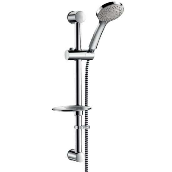 Bild von KWC DELABIE - Brausegarnitur 5-strahlig, Brausestange d 25, 803 - Handbrause 5-strahlig d 100, Brauseschlauch 1,5 m, Seifenablage verchromt, Art.Nr. : 803
