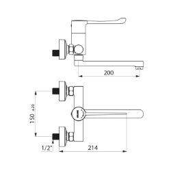 Picture of KWC DELABIE - Sequentieller Waschtisch-Einhebelmischer für Wandmontage, Sequentieller Einhebelmischer mit Schwenkauslauf, 2436 - Schwenkauslauf L. 200 - S-Anschlüsse STOP/CHECK, Mittenabstand 150 mm, Art.Nr. : 2436